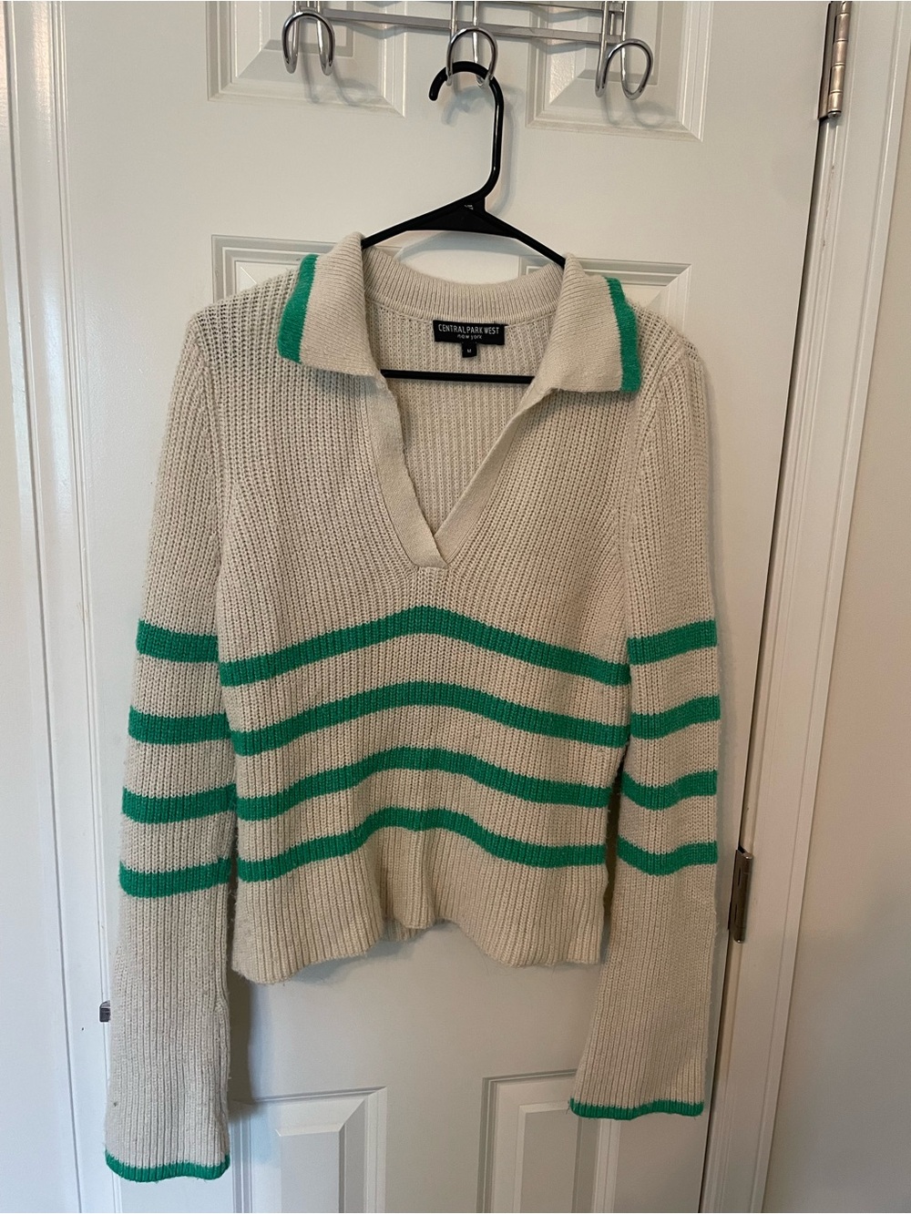 Central Park West Cream V-Neck Sweater with Green Stripes